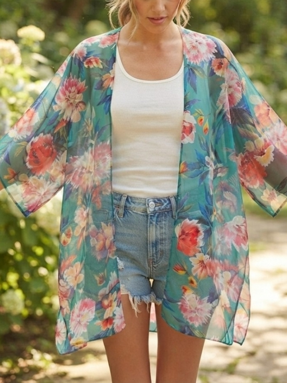 Kimono Cardigan Sheer Floral Turquesa Polly & Esther Size L